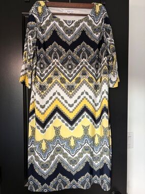 Paisley Chevron Midi Dress in Yellow, Navy & White